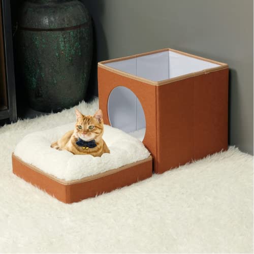 Bonlife Winter Felt Small Cat House Indoor,Foldable Pets Bed Cave Kennel with Two Move Cushion,Dog Bed Warm Comfortable