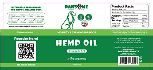 Pawsome Products® Calming Hemp Oil 30ml | Stress & Anxiety Supplement for Dogs & Pets | Hip & Joint Support | Healthy Skin | Sleep Aid | Omega 3, 6, 9 | Dog Multivitamin with Vitamin C, A, B, D, E