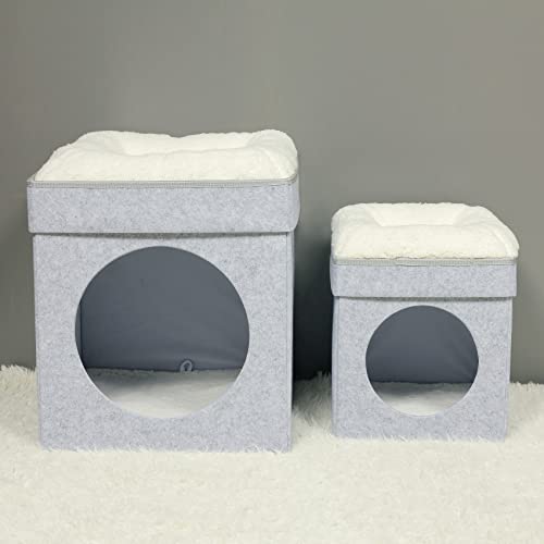 Bonlife Winter Felt Small Cat House Indoor,Foldable Pets Bed Cave Kennel with Two Move Cushion,Dog Bed Warm Comfortable