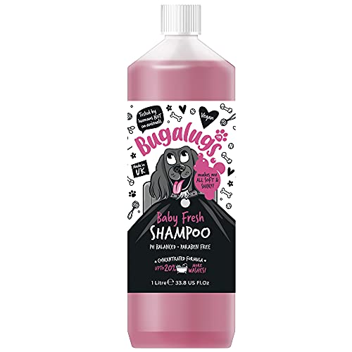 BUGALUGS Baby Fresh Dog Shampoo 500ml dog grooming shampoo products for smelly dogs with baby powder scent, best puppy shampoo baby fresh, shampoo conditioner, Vegan pet shampoo professional