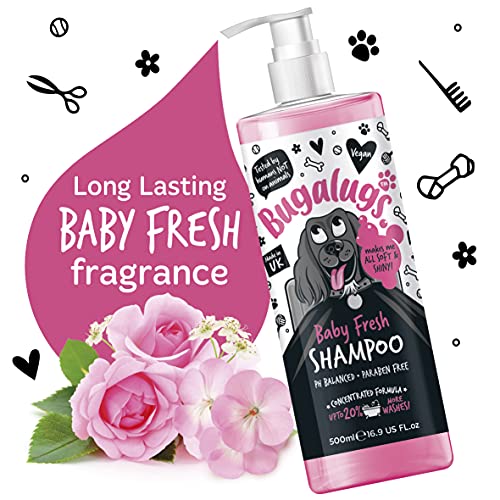 BUGALUGS Baby Fresh Dog Shampoo 500ml dog grooming shampoo products for smelly dogs with baby powder scent, best puppy shampoo baby fresh, shampoo conditioner, Vegan pet shampoo professional
