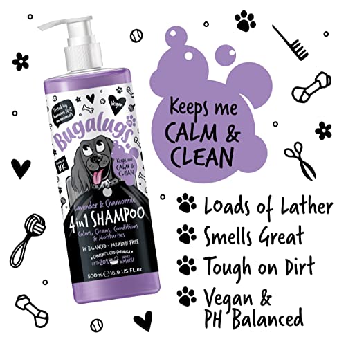 Dog Shampoo by Bugalugs lavender & chamomile 4 in 1 dog grooming shampoo products for smelly dogs with fragrance, best puppy shampoo, professional groom Vegan pet shampoo & conditioner