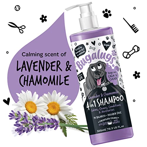 Dog Shampoo by Bugalugs lavender & chamomile 4 in 1 dog grooming shampoo products for smelly dogs with fragrance, best puppy shampoo, professional groom Vegan pet shampoo & conditioner