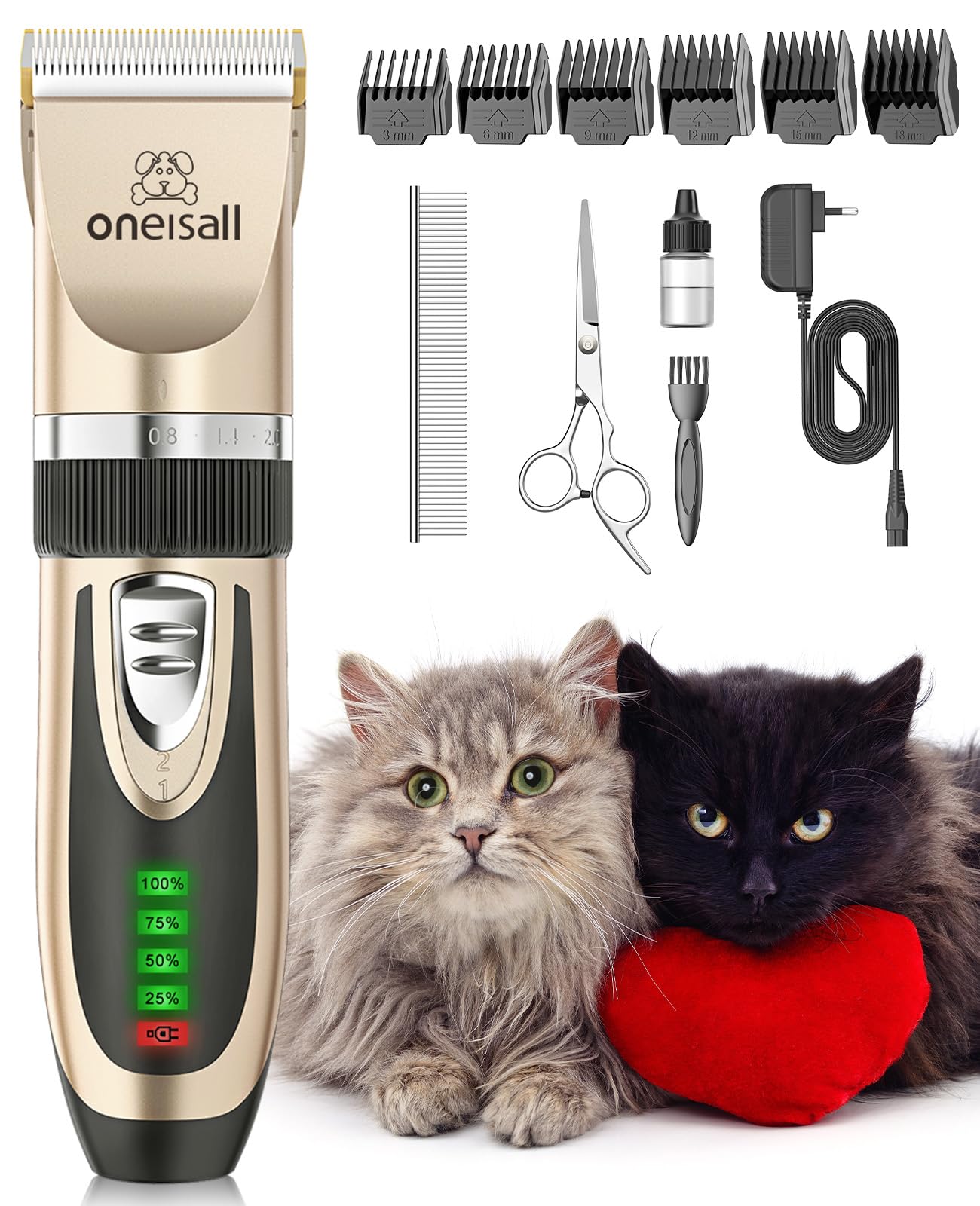 oneisall Cat Grooming Clippers for Matted Hair, 2-Speed Cordless Low Noise Pet Hair Clipper Trimmer for Dogs Cats Animals