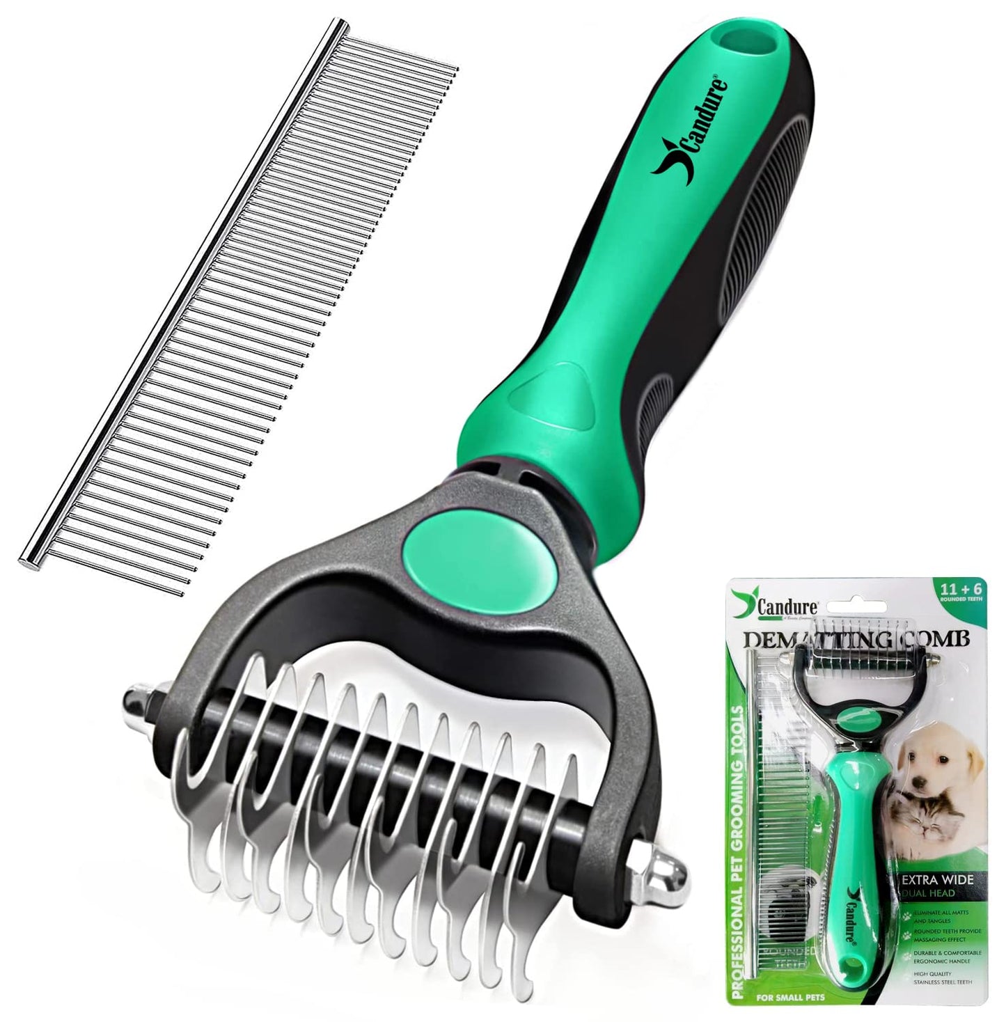 Candure Dematting Comb for Dog and Cat, Pet Grooming Rake and Brushes for Small, Medium & Large Dogs 17+9 Double Sided Deshedding Tool Removes Knots and Tangled Hair