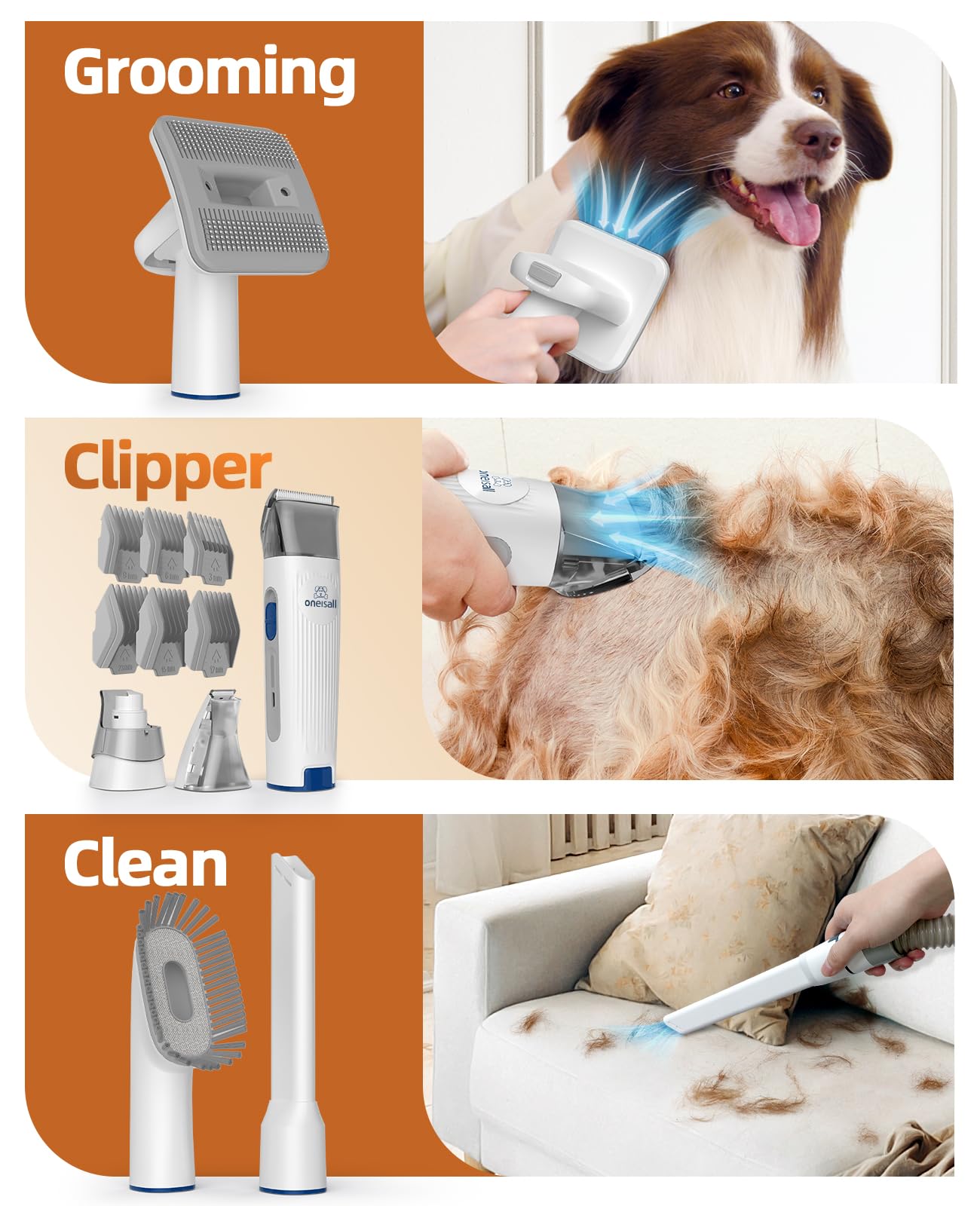 oneisall Dog Grooming Vacuum Kit,Dog Clippers, Suction 99% Pet Hair,Professional Dog Vacuum Groomer with 7 Pet Grooming Tools for Shedding Thick & Thin Dogs Cats Pet Hair