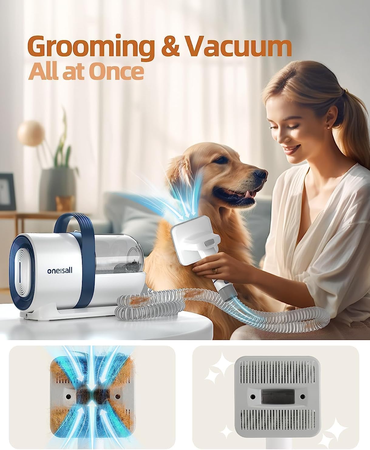oneisall Dog Grooming Vacuum Kit,Dog Clippers, Suction 99% Pet Hair,Professional Dog Vacuum Groomer with 7 Pet Grooming Tools for Shedding Thick & Thin Dogs Cats Pet Hair