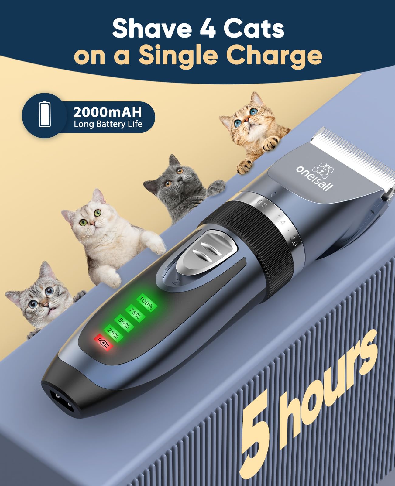 oneisall Cat Grooming Clippers for Matted Hair, 2-Speed Cordless Low Noise Pet Hair Clipper Trimmer for Dogs Cats Animals