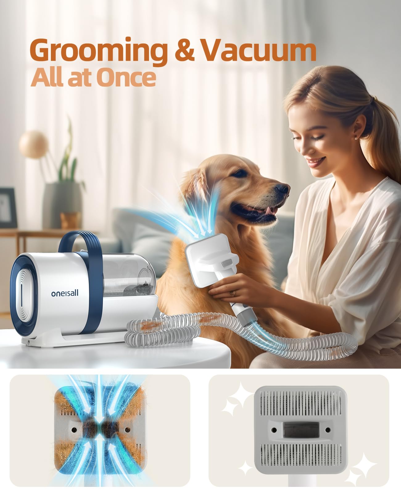 oneisall Dog Grooming Vacuum Kit,Dog Clippers, Suction 99% Pet Hair,Professional Dog Vacuum Groomer with 7 Pet Grooming Tools for Shedding Thick & Thin Dogs Cats Pet Hair