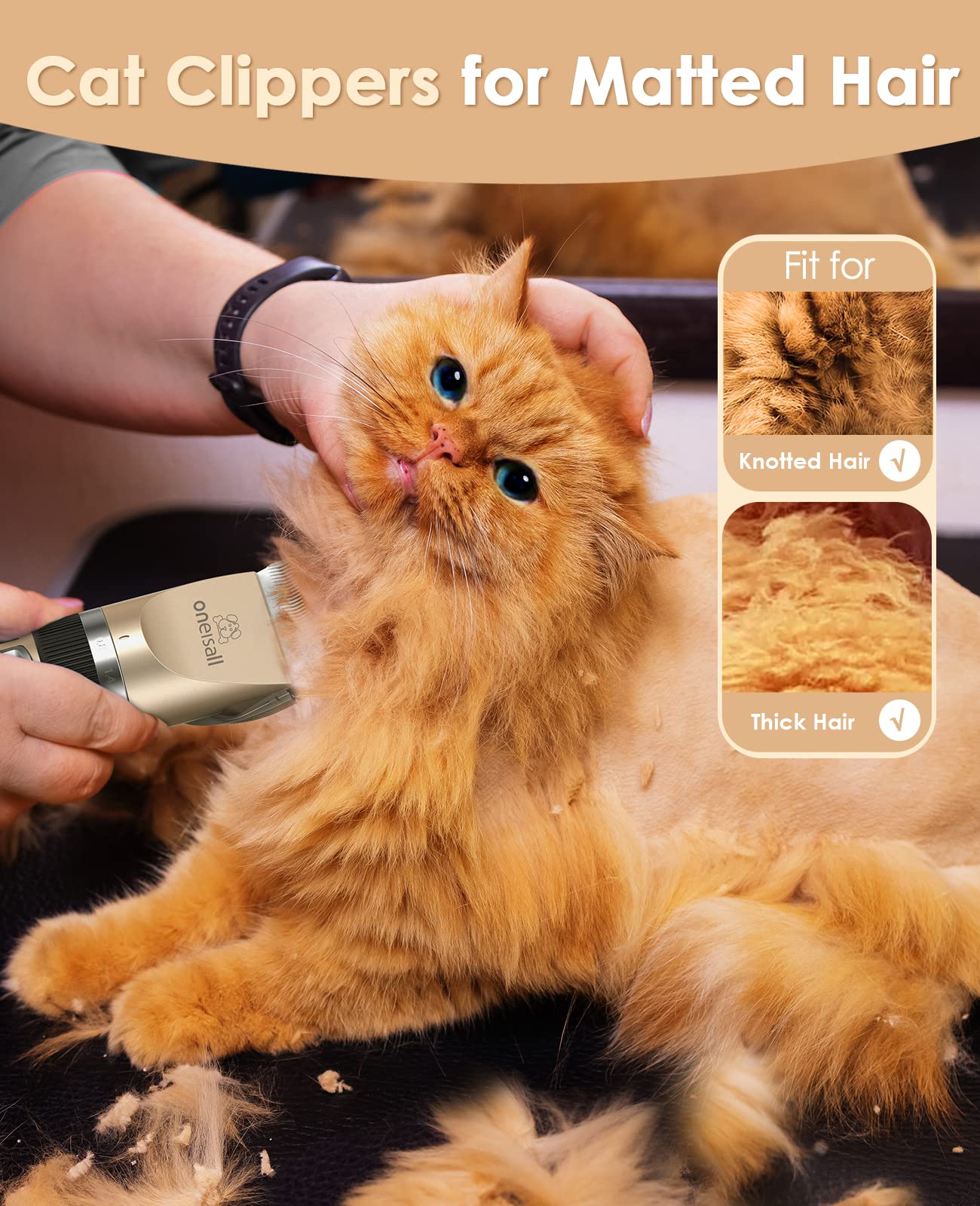 oneisall Cat Grooming Clippers for Matted Hair, 2-Speed Cordless Low Noise Pet Hair Clipper Trimmer for Dogs Cats Animals