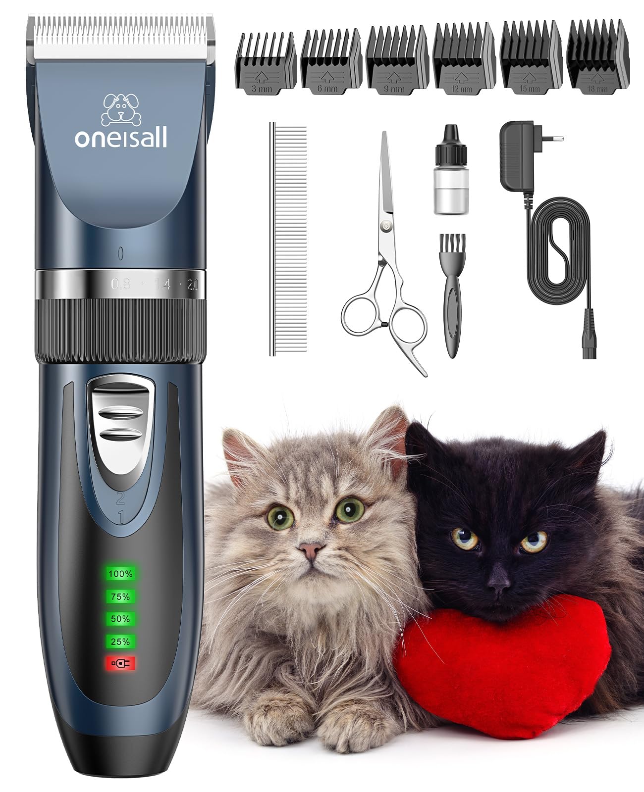 oneisall Cat Grooming Clippers for Matted Hair, 2-Speed Cordless Low Noise Pet Hair Clipper Trimmer for Dogs Cats Animals