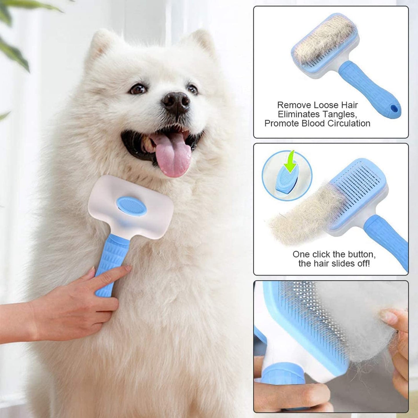 Dog Brush Cat Brush Grooming Comb,Self Cleaning Cat Dog Slicker Brushes with Smooth handle,Pet Grooming Tool with Cleaning Button for Cat Dog Shedding Brush Cat Dog Massage Clean Tangled Brush