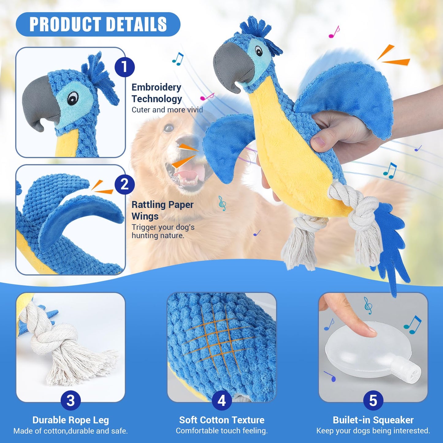 ROSAUI Dog Toys, 2PCS Plush Squeaky Cockatoo Dog Toy - Interactive and Dental Cleaning Pet Chew Toy for All Breed Sizes Dog