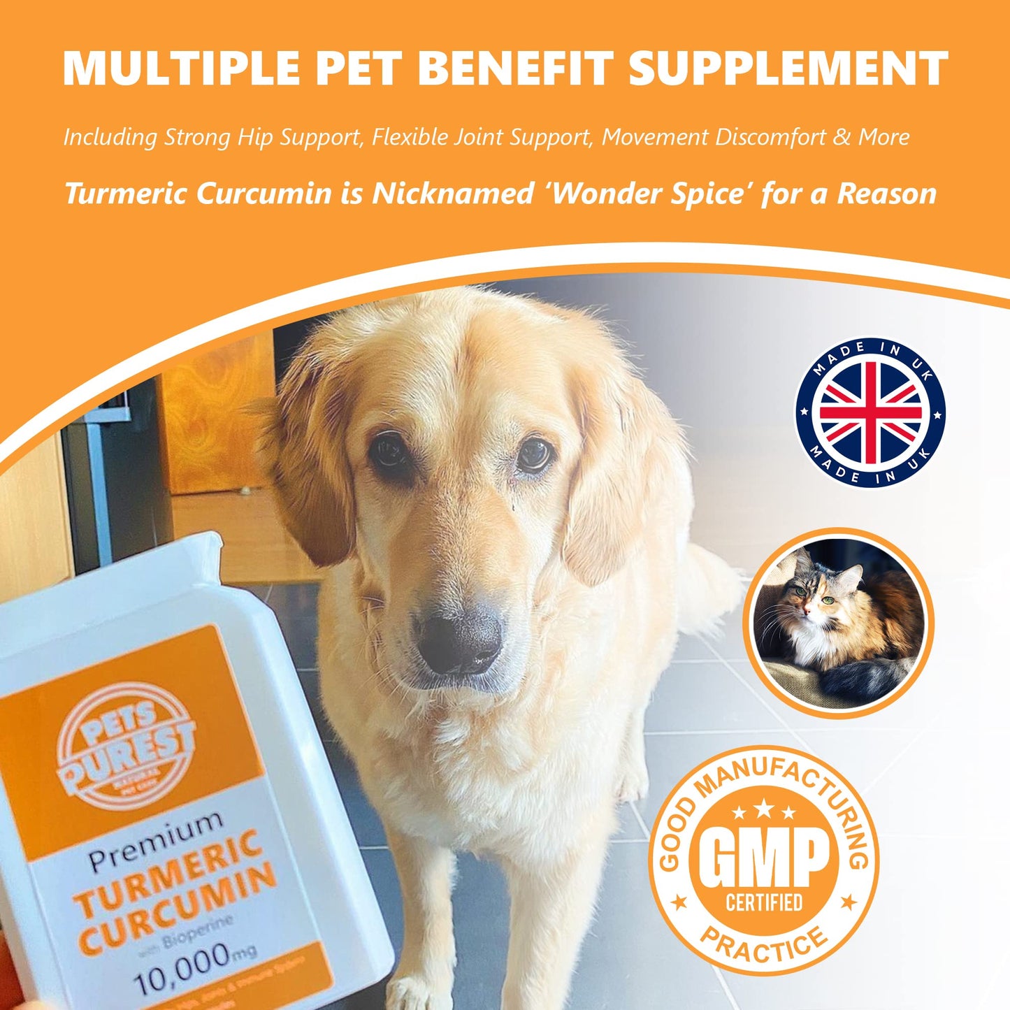 Pets Purest 100% Natural Premium Turmeric For Dogs 10,000mg with Active Bioperine Cats, Horses & Pets Powerful Antioxidant Supplement For Joints & Hips capsules