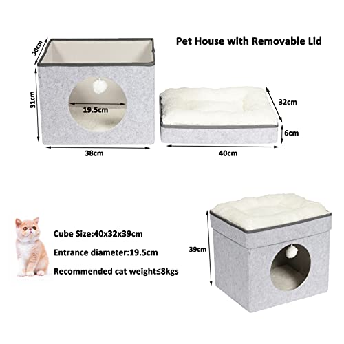 Bonlife Winter Felt Small Cat House Indoor,Foldable Pets Bed Cave Kennel with Two Move Cushion,Dog Bed Warm Comfortable