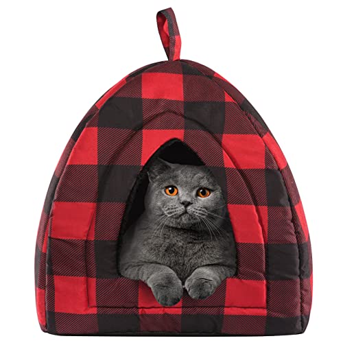 Hollypet Cat Bed Kitten Bed Self-Warming 2-in-1 Foldable Comfortable Igloo Triangle Pet Tent House