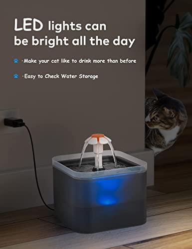 AONBOY Cat Water Fountain, 2L Cat Water Fountain for Drinking, Ultra Silent, LED Light, Activated Carbon Filter, Three Flow Patterns, Living Water Supply, Cat Fountain for Cats and Small Dogs