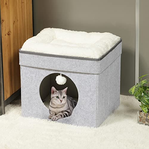 Bonlife Winter Felt Small Cat House Indoor,Foldable Pets Bed Cave Kennel with Two Move Cushion,Dog Bed Warm Comfortable
