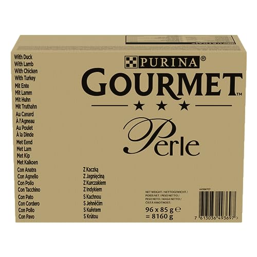 Gourmet Wet Cat Food Pouches in Gravy - Perle Chef's Collection 40 x 85g - Mix of Fish, Lamb, Duck, Turkey, Pet Food - Wet - Bulk Food, Cat Wet Food suitable for Adult and Senior Cats