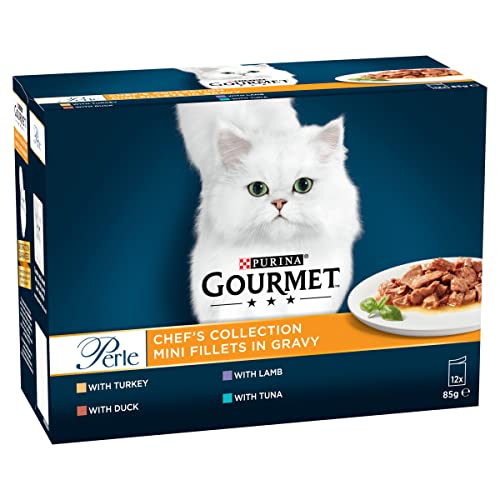 Gourmet Wet Cat Food Pouches in Gravy - Perle Chef's Collection 40 x 85g - Mix of Fish, Lamb, Duck, Turkey, Pet Food - Wet - Bulk Food, Cat Wet Food suitable for Adult and Senior Cats