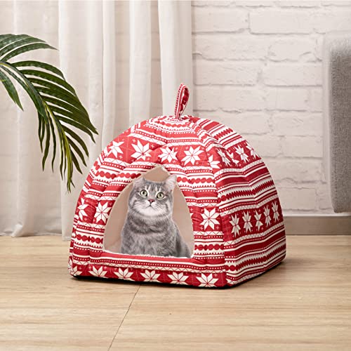 Hollypet Cat Bed Kitten Bed Self-Warming 2-in-1 Foldable Comfortable Igloo Triangle Pet Tent House