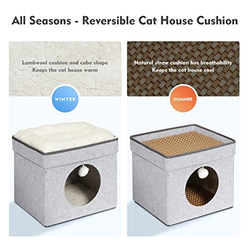 Bonlife Winter Felt Small Cat House Indoor,Foldable Pets Bed Cave Kennel with Two Move Cushion,Dog Bed Warm Comfortable