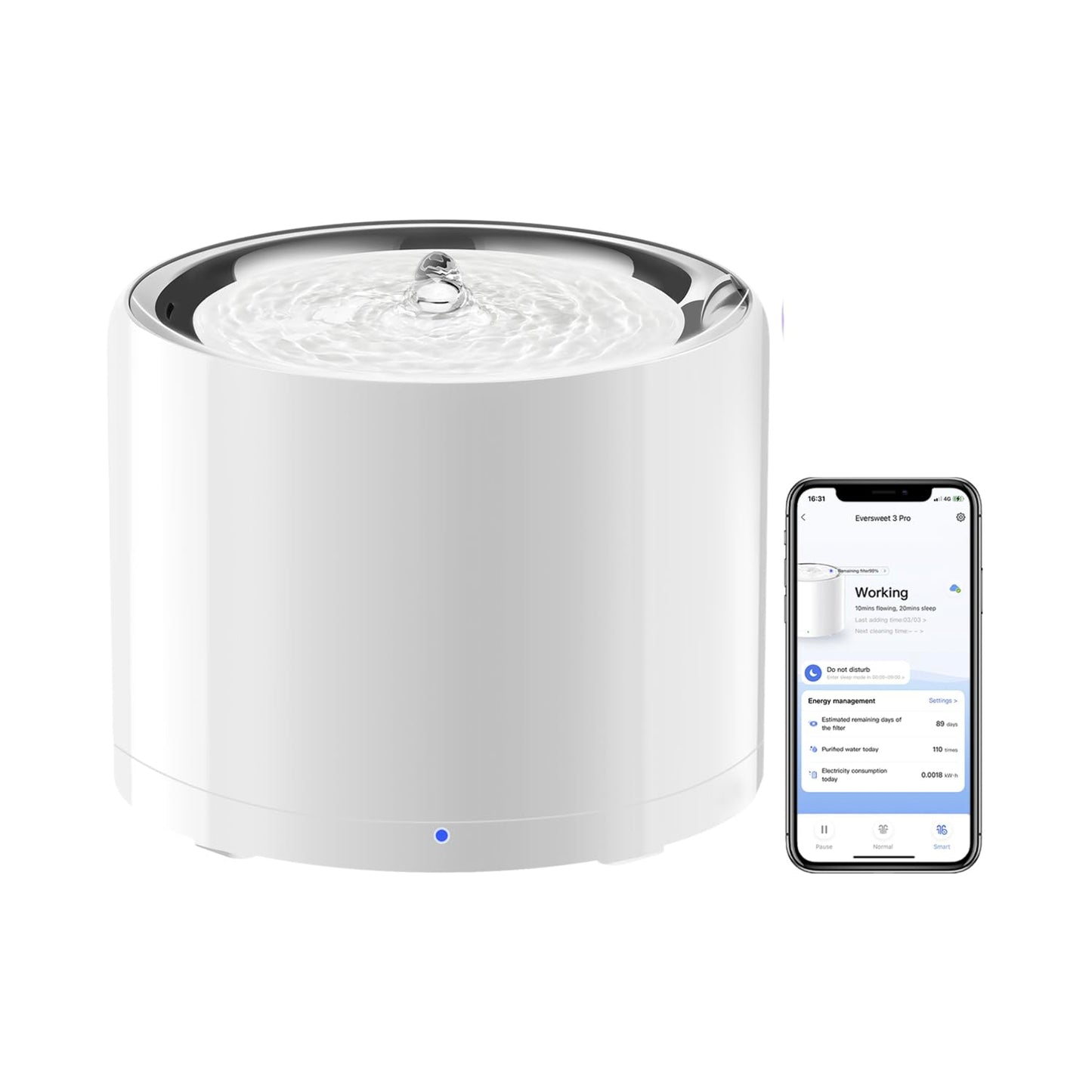 PETKIT Cat Water Fountain, UVC Wireless Pump, APP Control, 1.8L Cat Fountain Stainless Steel, Ultra Quiet, Hygienic Fresh Water for Cats Dogs, 3 Working Mode, Smart LED Light, Activated Carbon Filter