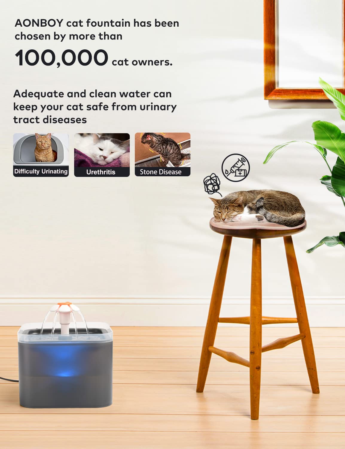 AONBOY Cat Water Fountain, 2L Cat Water Fountain for Drinking, Ultra Silent, LED Light, Activated Carbon Filter, Three Flow Patterns, Living Water Supply, Cat Fountain for Cats and Small Dogs