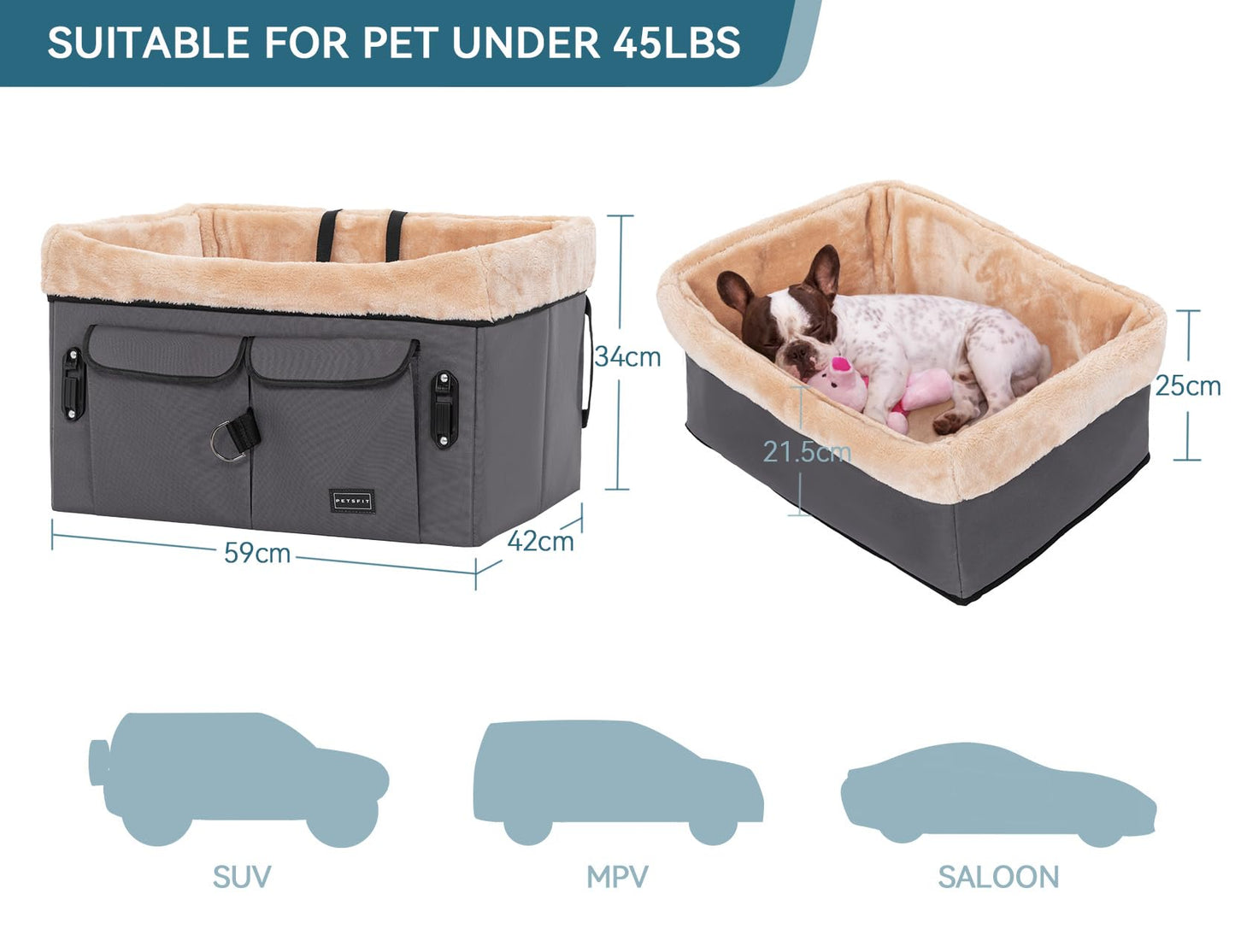 Petsfit Dog Car Seat, Upgraded Dog Booster Seat for Medium Dogs or 2 Small Dogs, Pet Travel Car Booster Seat for Front and Back Seats with Washable Double-Sided Cushion and 2 Safety Leashes