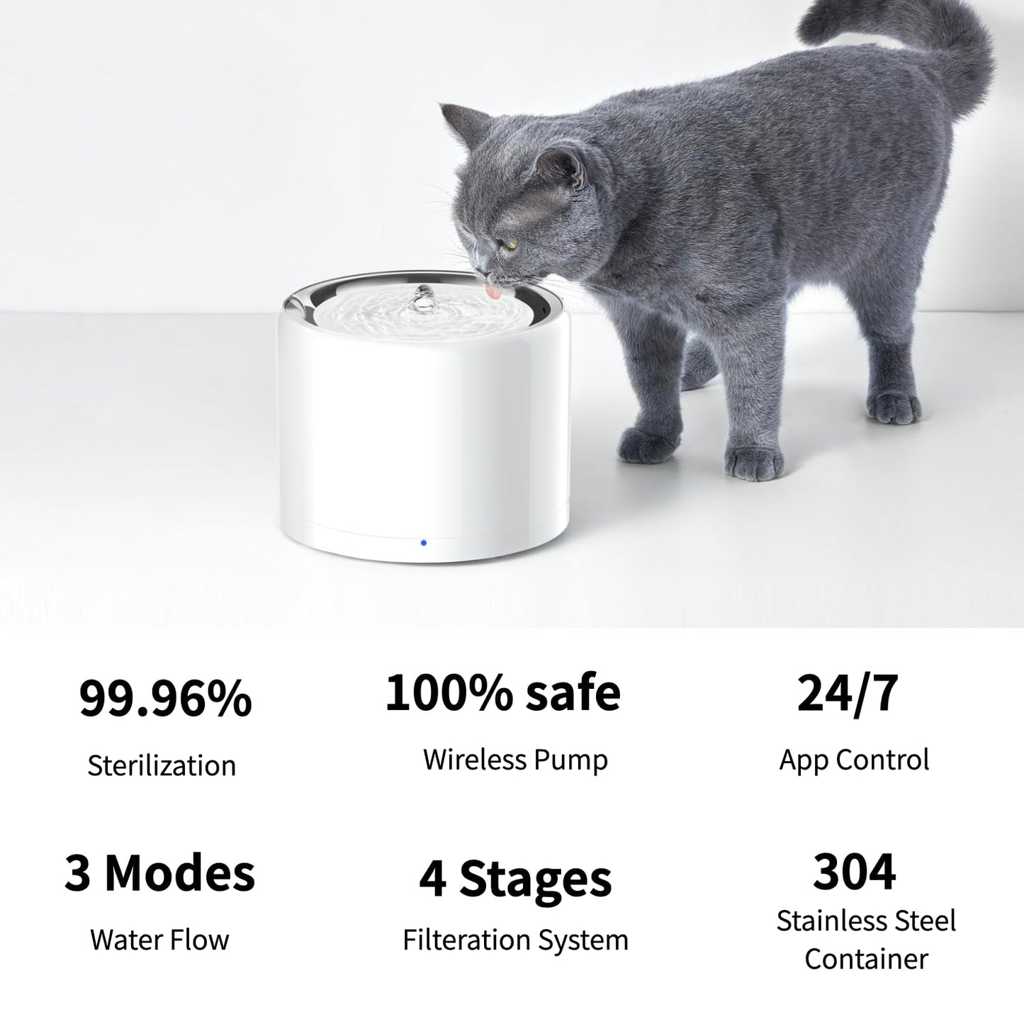 PETKIT Cat Water Fountain, UVC Wireless Pump, APP Control, 1.8L Cat Fountain Stainless Steel, Ultra Quiet, Hygienic Fresh Water for Cats Dogs, 3 Working Mode, Smart LED Light, Activated Carbon Filter