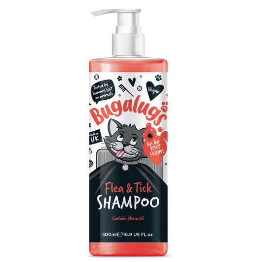 Flea and Tick Cat Shampoo by Bugalugs 500ml, Deep Cleansing Shampoo for Cats for Fleas, Ticks & Mites contains Neem Oil, PH Balanced Vegan, Pet Shampoo