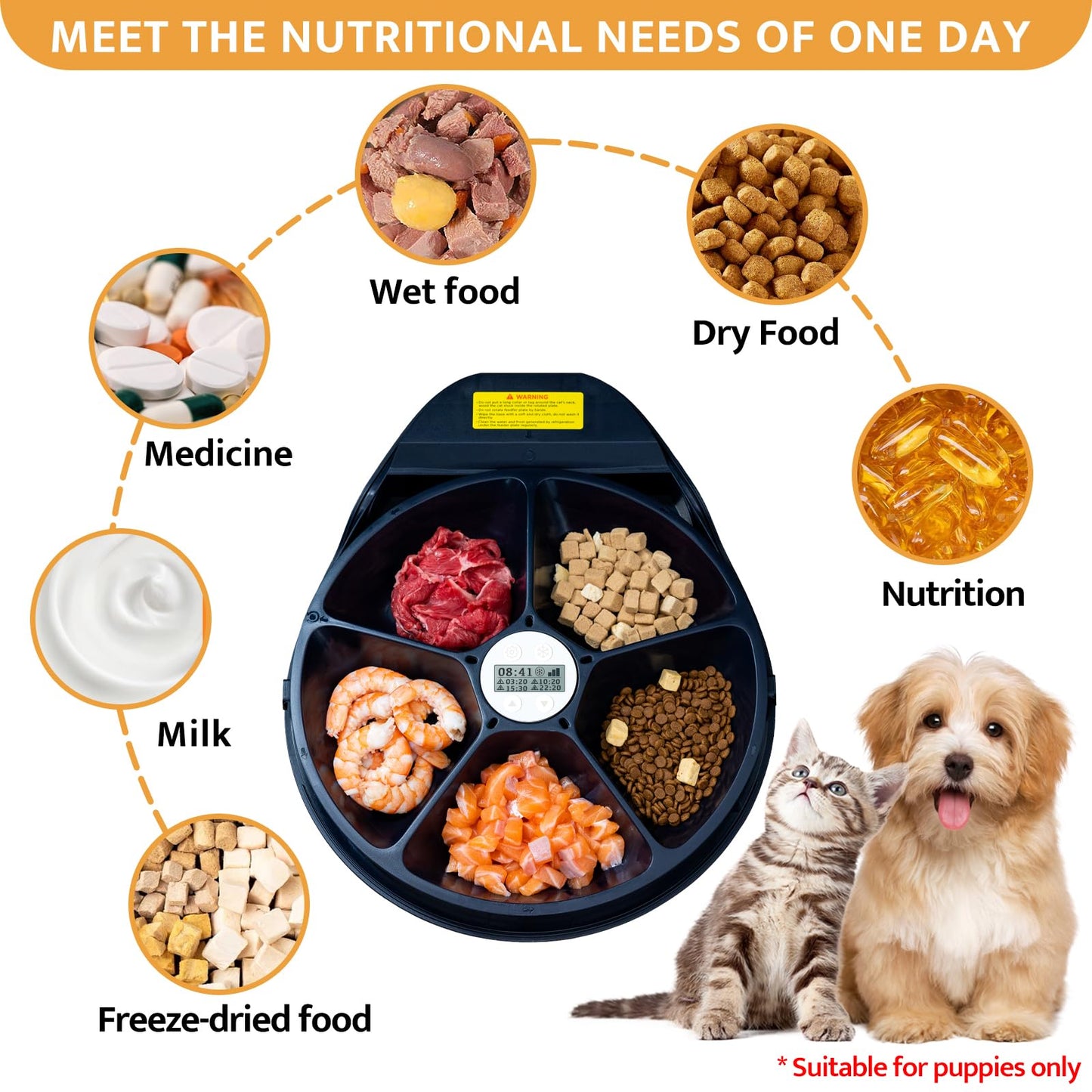 UBPET Automatic Cat Feeder Wet Food with Cooling, Semiconductor Refrigeration, with Timer, 5 Food Compartments for 330g Pet Food Each, Premium Meal Plates, Washable, for Cats Dogs