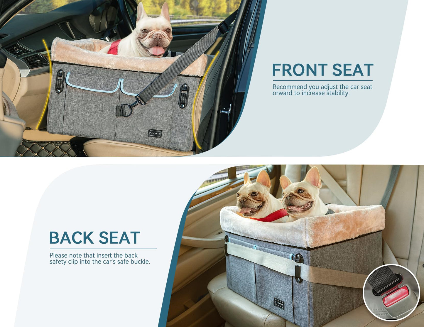 Petsfit Dog Car Seat, Upgraded Dog Booster Seat for Medium Dogs or 2 Small Dogs, Pet Travel Car Booster Seat for Front and Back Seats with Washable Double-Sided Cushion and 2 Safety Leashes