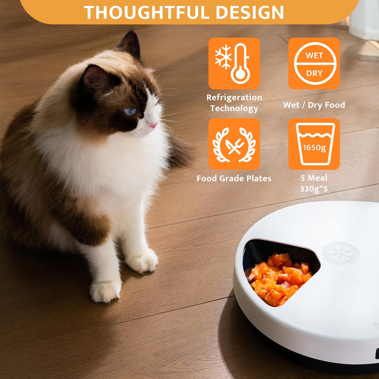 UBPET Automatic Cat Feeder Wet Food with Cooling, Semiconductor Refrigeration, with Timer, 5 Food Compartments for 330g Pet Food Each, Premium Meal Plates, Washable, for Cats Dogs