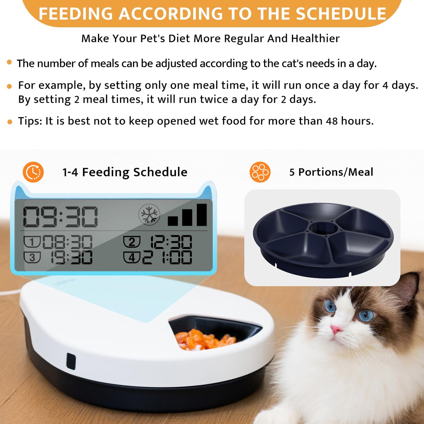UBPET Automatic Cat Feeder Wet Food with Cooling, Semiconductor Refrigeration, with Timer, 5 Food Compartments for 330g Pet Food Each, Premium Meal Plates, Washable, for Cats Dogs
