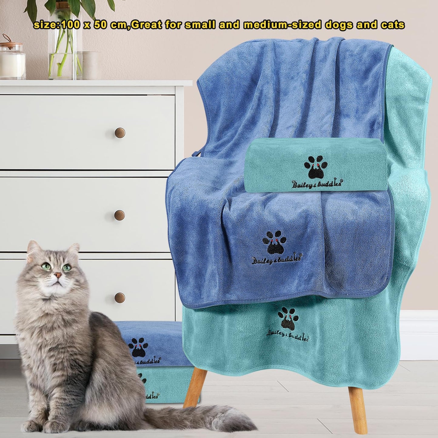 Bailey&buddies® Dog Towels for Drying Dogs - Pack of 2 - Absorbent Soft Microfiber Pet Bath Grooming Towel for Dogs and Cats & other Pet