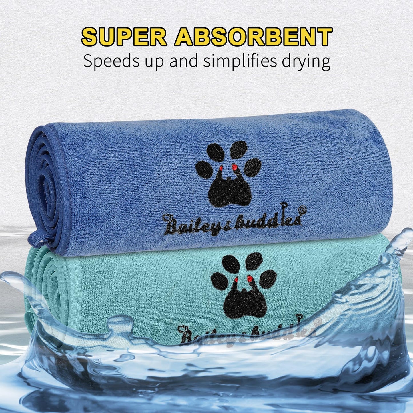 Bailey&buddies® Dog Towels for Drying Dogs - Pack of 2 - Absorbent Soft Microfiber Pet Bath Grooming Towel for Dogs and Cats & other Pet
