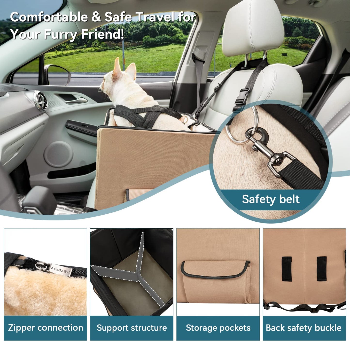 Petsfit Dog Car Seat, Upgraded Dog Booster Seat for Medium Dogs or 2 Small Dogs, Pet Travel Car Booster Seat for Front and Back Seats with Washable Double-Sided Cushion and 2 Safety Leashes