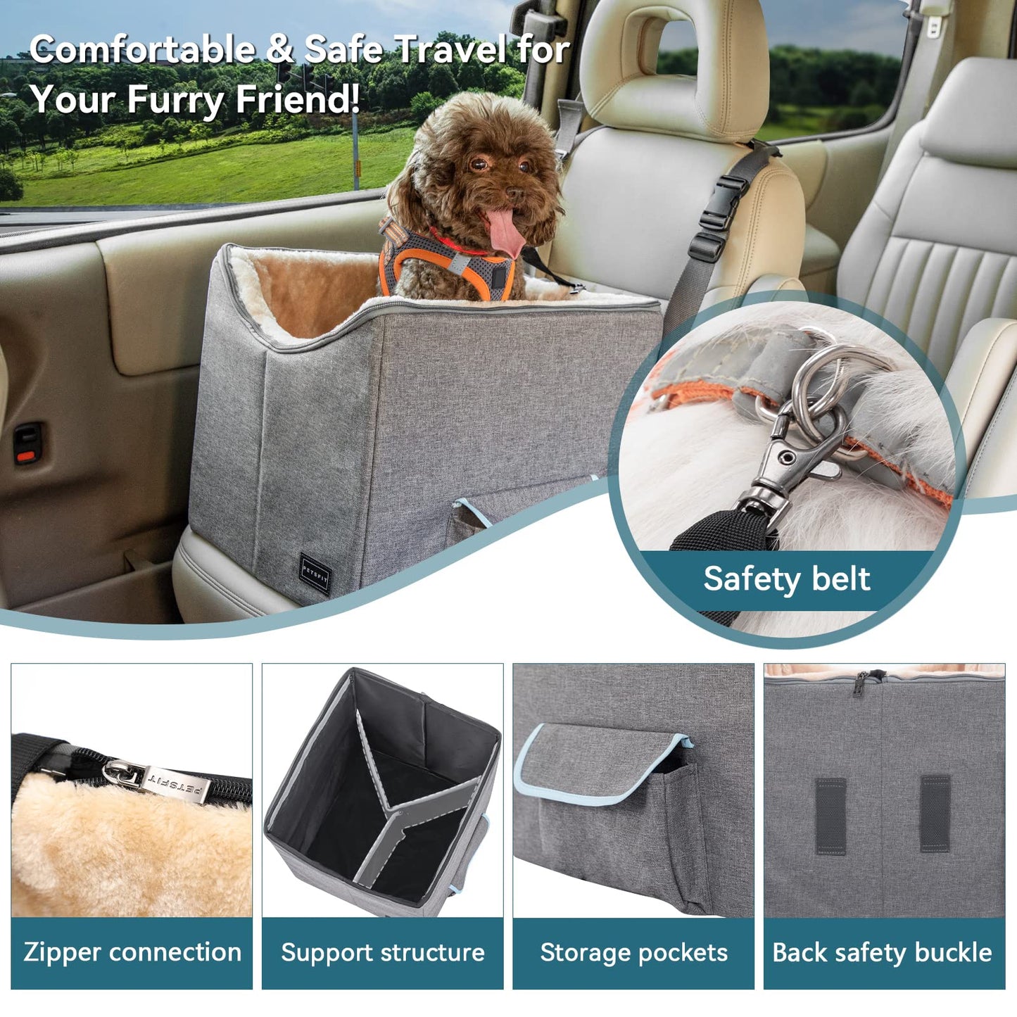 Petsfit Dog Car Seat, Upgraded Dog Booster Seat for Medium Dogs or 2 Small Dogs, Pet Travel Car Booster Seat for Front and Back Seats with Washable Double-Sided Cushion and 2 Safety Leashes