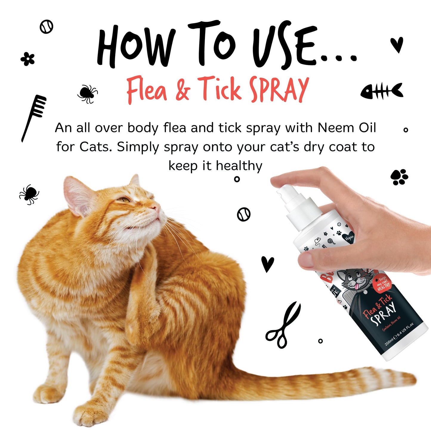 Flea and Tick Cat Shampoo by Bugalugs 500ml, Deep Cleansing Shampoo for Cats for Fleas, Ticks & Mites contains Neem Oil, PH Balanced Vegan, Pet Shampoo