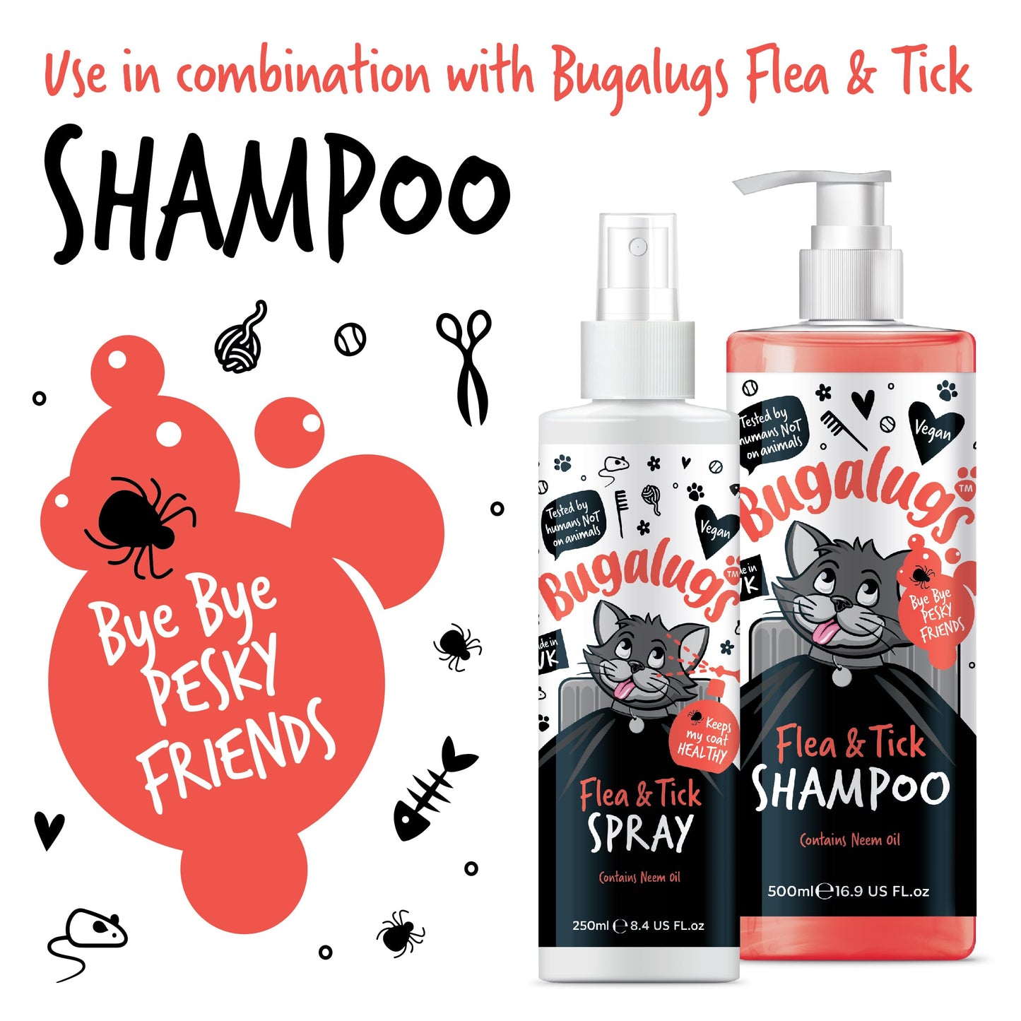 Flea and Tick Cat Shampoo by Bugalugs 500ml, Deep Cleansing Shampoo for Cats for Fleas, Ticks & Mites contains Neem Oil, PH Balanced Vegan, Pet Shampoo