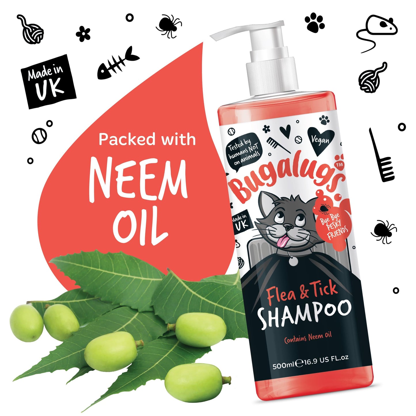 Flea and Tick Cat Shampoo by Bugalugs 500ml, Deep Cleansing Shampoo for Cats for Fleas, Ticks & Mites contains Neem Oil, PH Balanced Vegan, Pet Shampoo