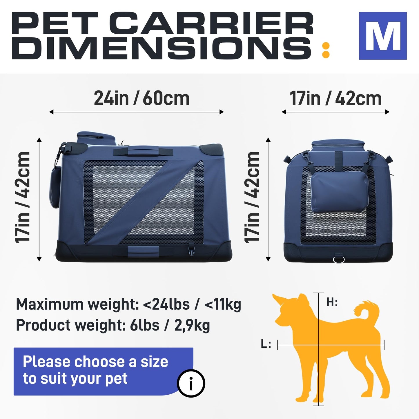 PetProved Dog Travel Crate Dog Carrier Cat Carrier Large Pet Carrier for Medium Dogs Puppy Carrier Soft Fabric Dog Car Crate Collapsible for Car