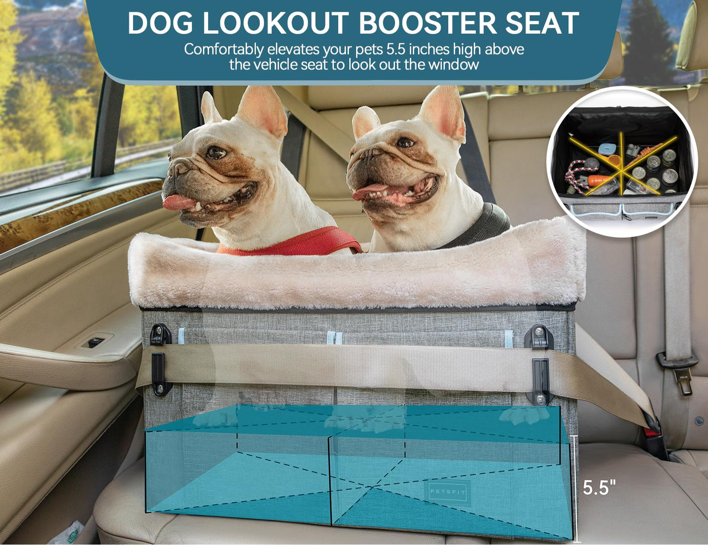 Petsfit Dog Car Seat, Upgraded Dog Booster Seat for Medium Dogs or 2 Small Dogs, Pet Travel Car Booster Seat for Front and Back Seats with Washable Double-Sided Cushion and 2 Safety Leashes
