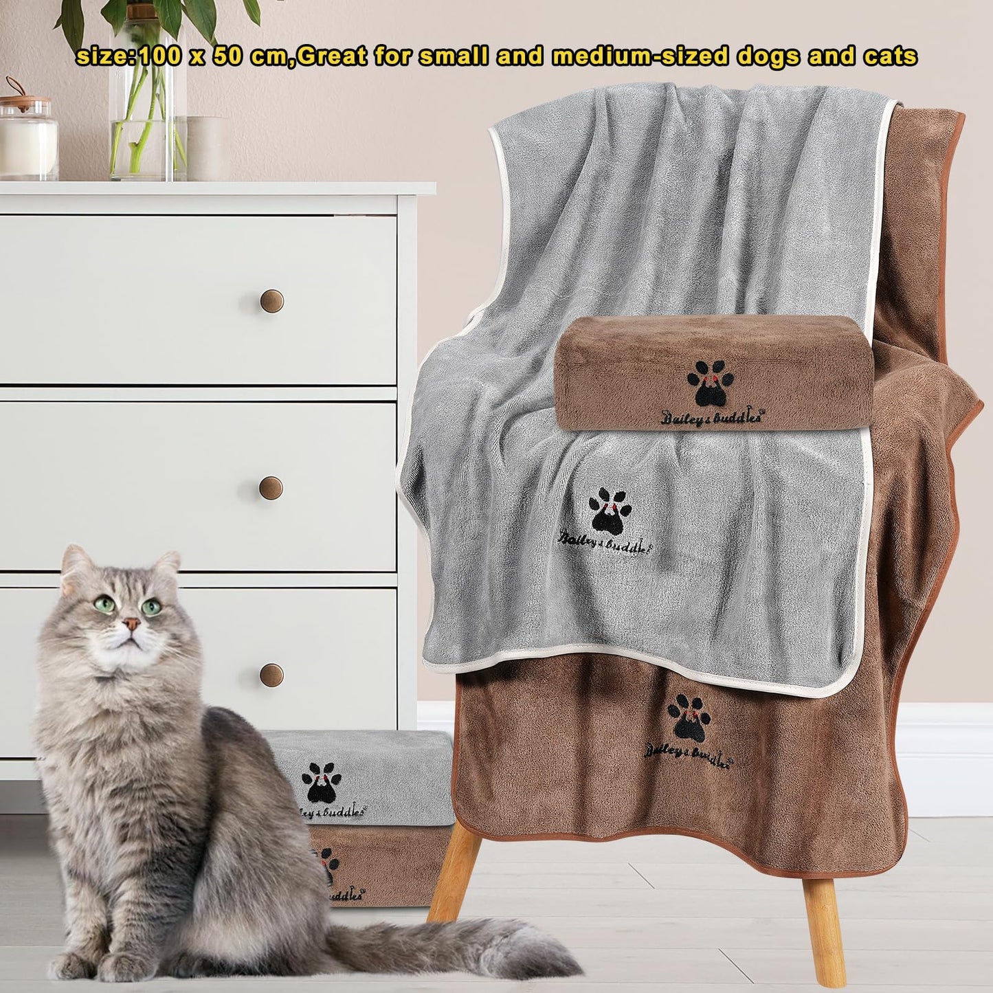 Bailey&buddies® Dog Towels for Drying Dogs - Pack of 2 - Absorbent Soft Microfiber Pet Bath Grooming Towel for Dogs and Cats & other Pet