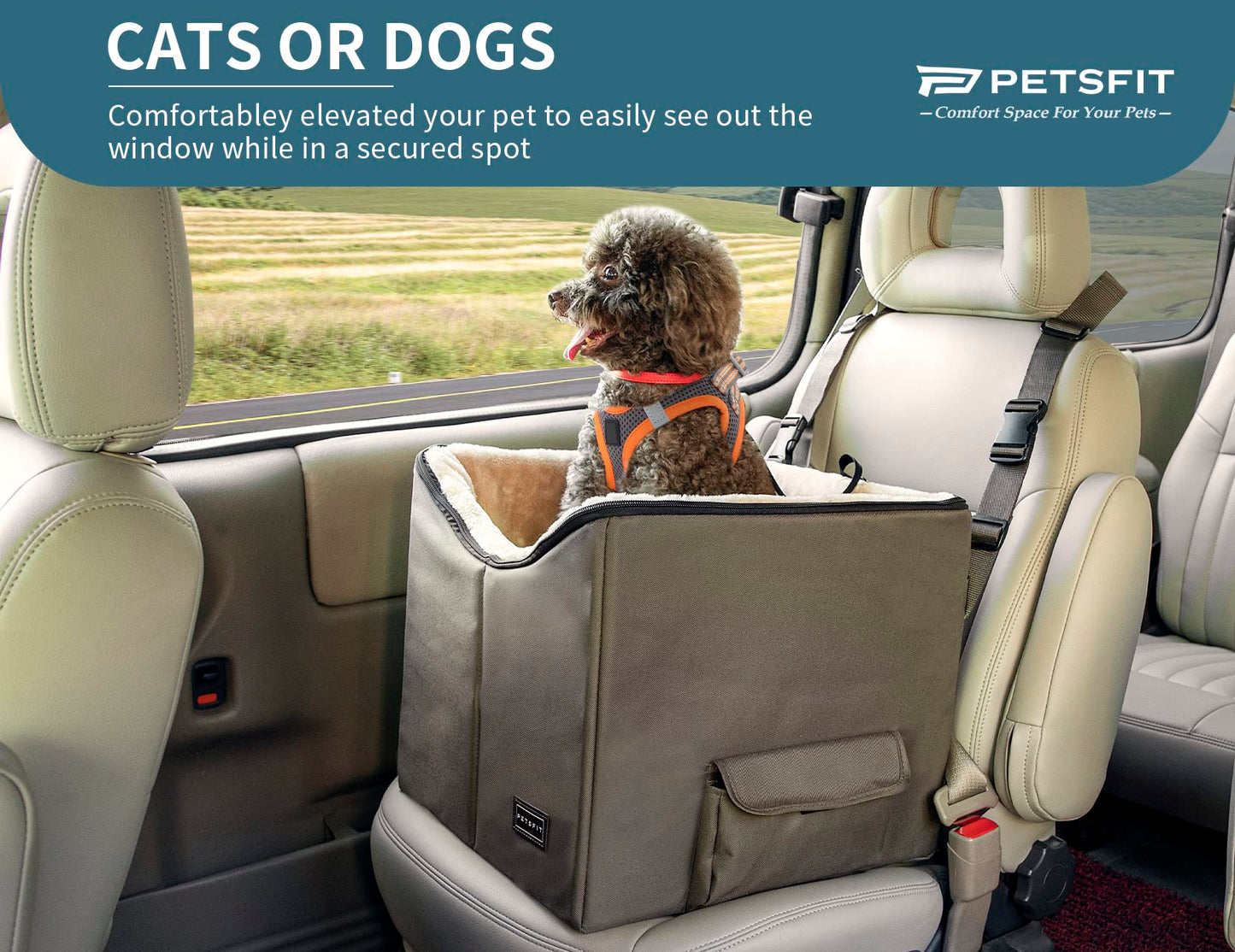 Petsfit Dog Car Seat, Upgraded Dog Booster Seat for Medium Dogs or 2 Small Dogs, Pet Travel Car Booster Seat for Front and Back Seats with Washable Double-Sided Cushion and 2 Safety Leashes