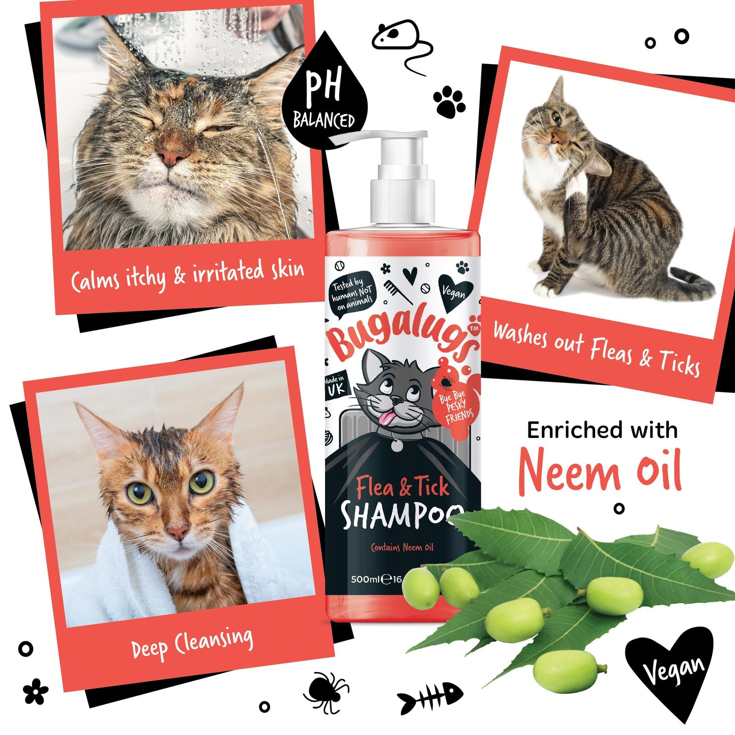 Flea and Tick Cat Shampoo by Bugalugs 500ml, Deep Cleansing Shampoo for Cats for Fleas, Ticks & Mites contains Neem Oil, PH Balanced Vegan, Pet Shampoo