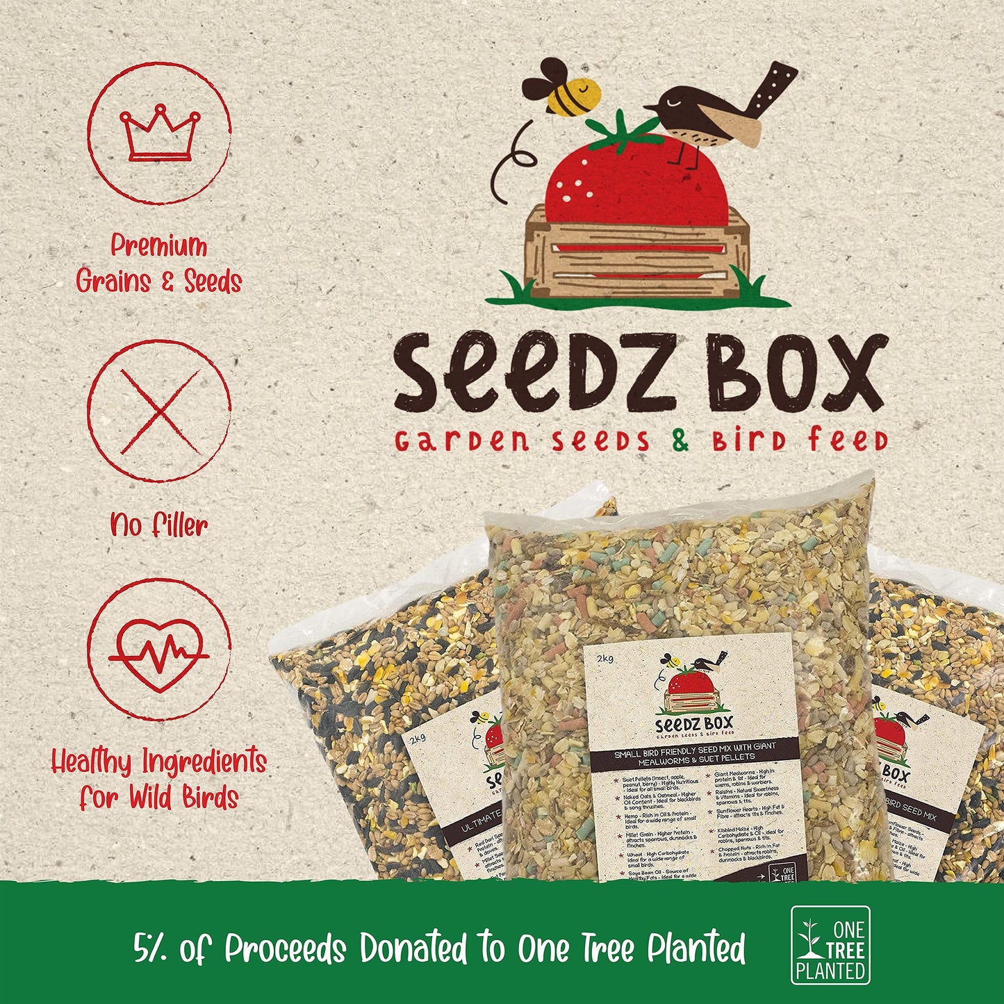 Bird Food Seed Feed Mix For Small Wild Garden Birds 1.8kg - SeedzBox Deluxe Grain & Nut Blend - Natural Food For Robins Blackbirds Sparrows - Millet Peanut Fats and Fibres