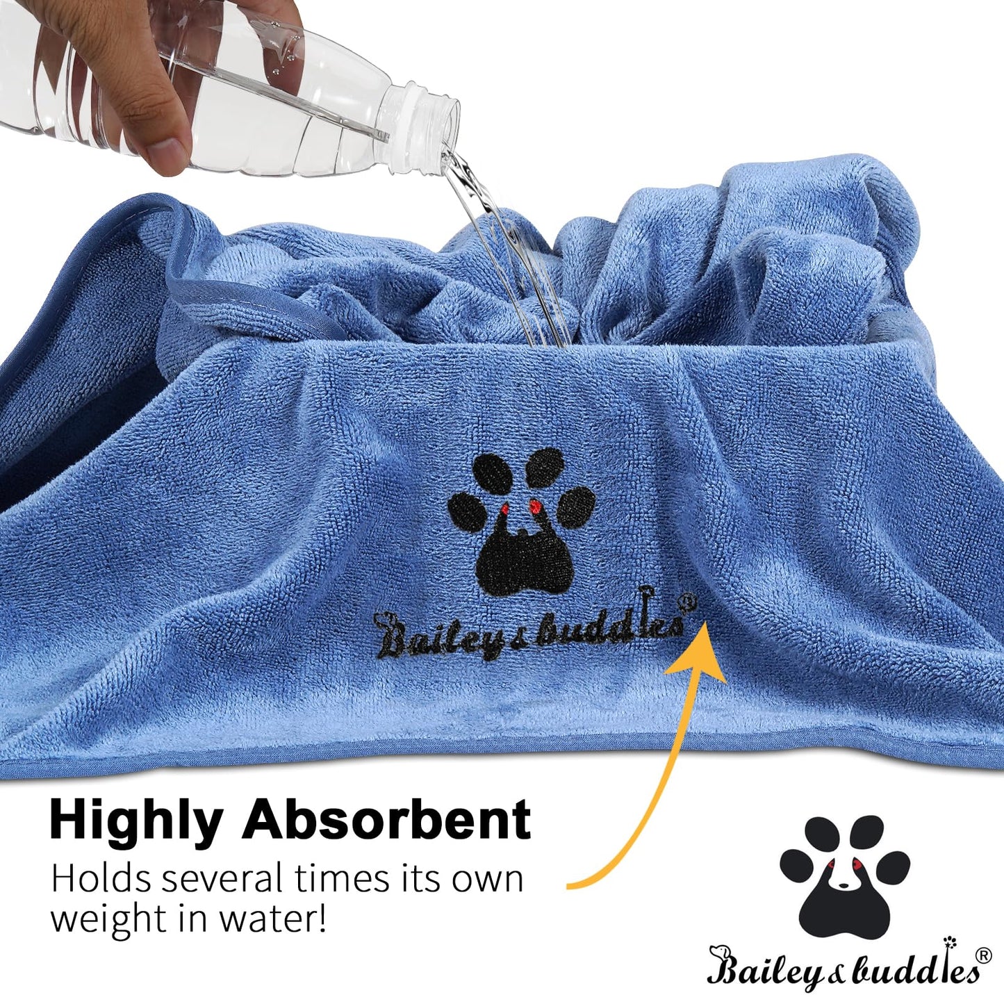 Bailey&buddies® Dog Towels for Drying Dogs - Pack of 2 - Absorbent Soft Microfiber Pet Bath Grooming Towel for Dogs and Cats & other Pet