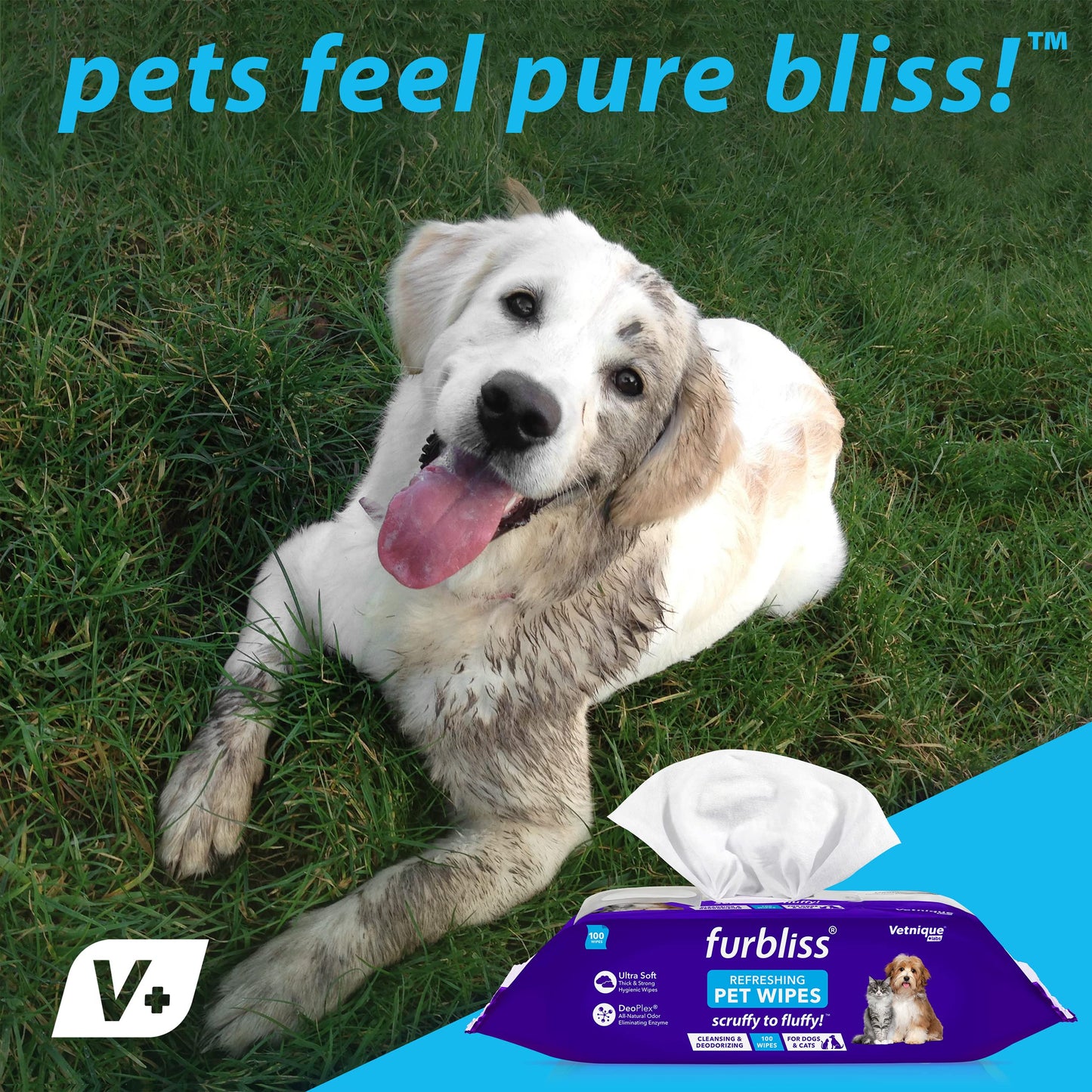 Furbliss Hygienic Pet Wipes for Dogs & Cats, Cleansing Grooming & Deodorizing Hypoallergenic Thick Wipes with All Natural Deoplex Deodorizer, Unscented - by Vetnique Labs … (100 count)